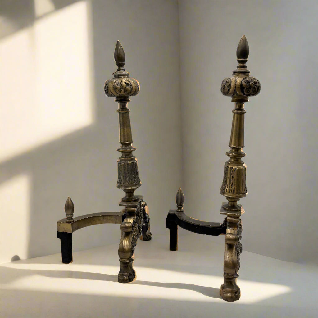 Pair of Late Victorian-Era Brass & Iron Andirons, Rococo Revival Style