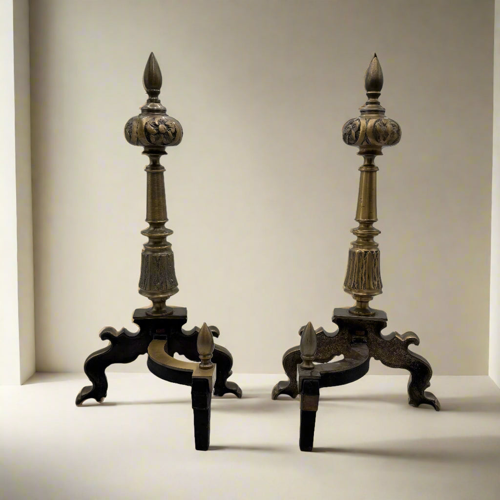 Pair of Late Victorian-Era Brass & Iron Andirons, Rococo Revival Style