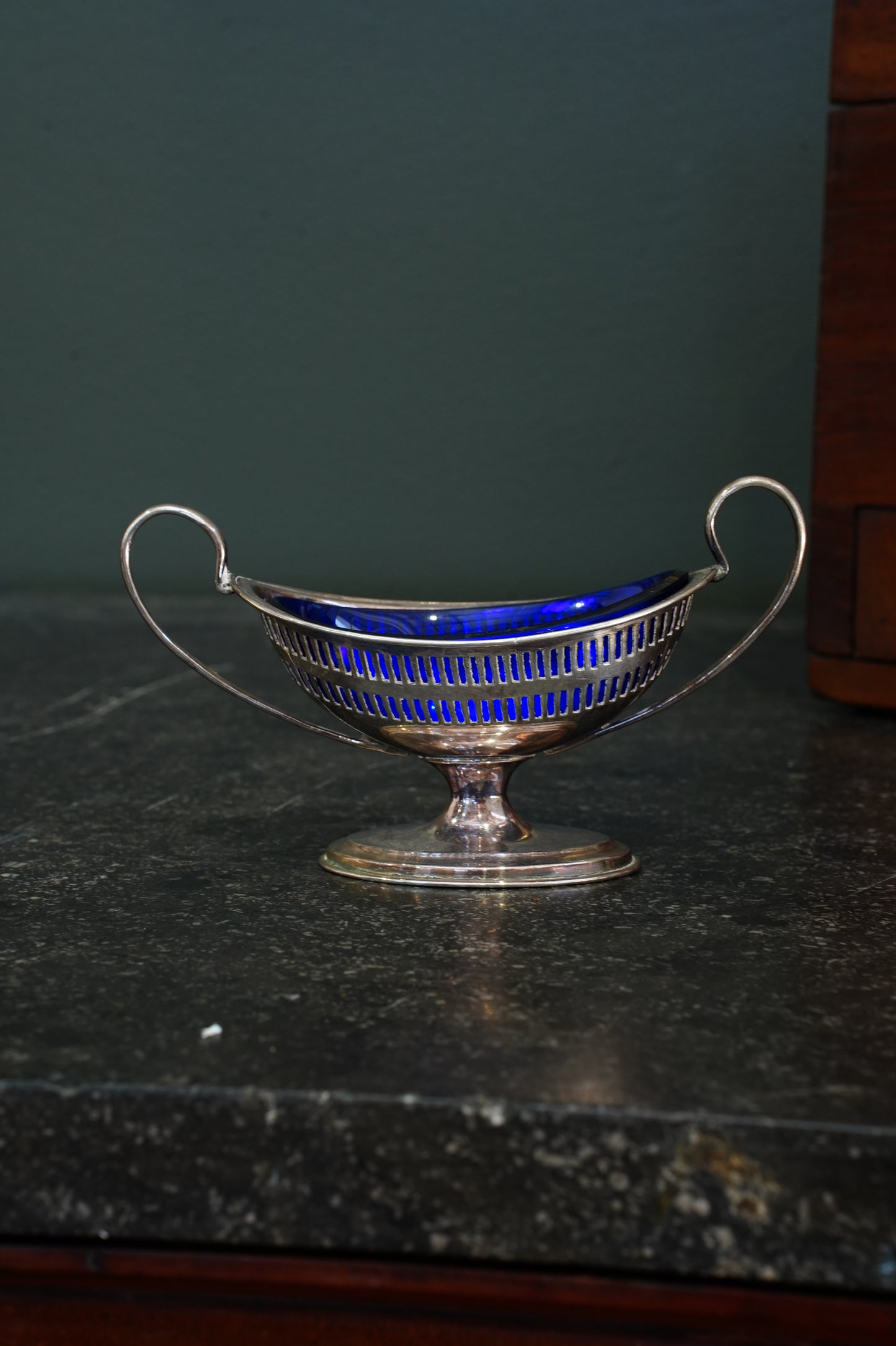 Antique Silverplate Salt Cellar with Cobalt Blue Glass Liner, Ca. 1880