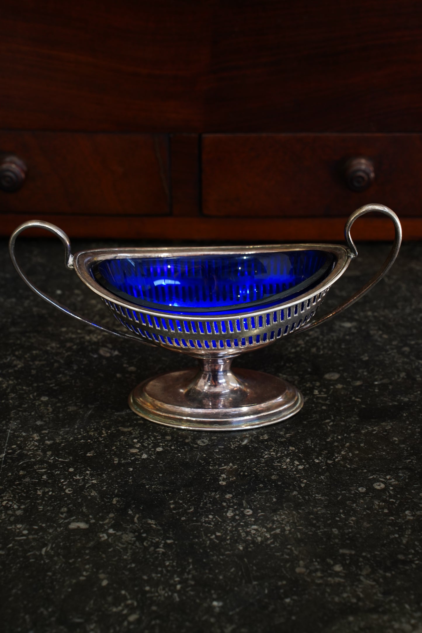 Antique Silverplate Salt Cellar with Cobalt Blue Glass Liner, Ca. 1880