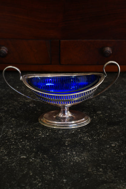 Antique Silverplate Salt Cellar with Cobalt Blue Glass Liner, Ca. 1880