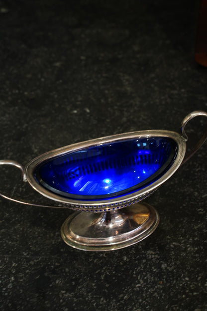 Antique Silverplate Salt Cellar with Cobalt Blue Glass Liner, Ca. 1880