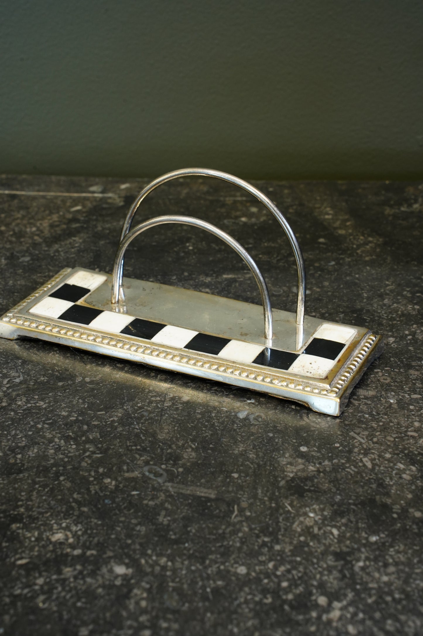 Art Deco Silverplated Letter Rack with Checkerboard Enamel, Circa 1930