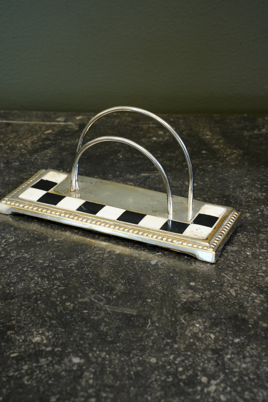 Art Deco Silverplated Letter Rack with Checkerboard Enamel, Circa 1930