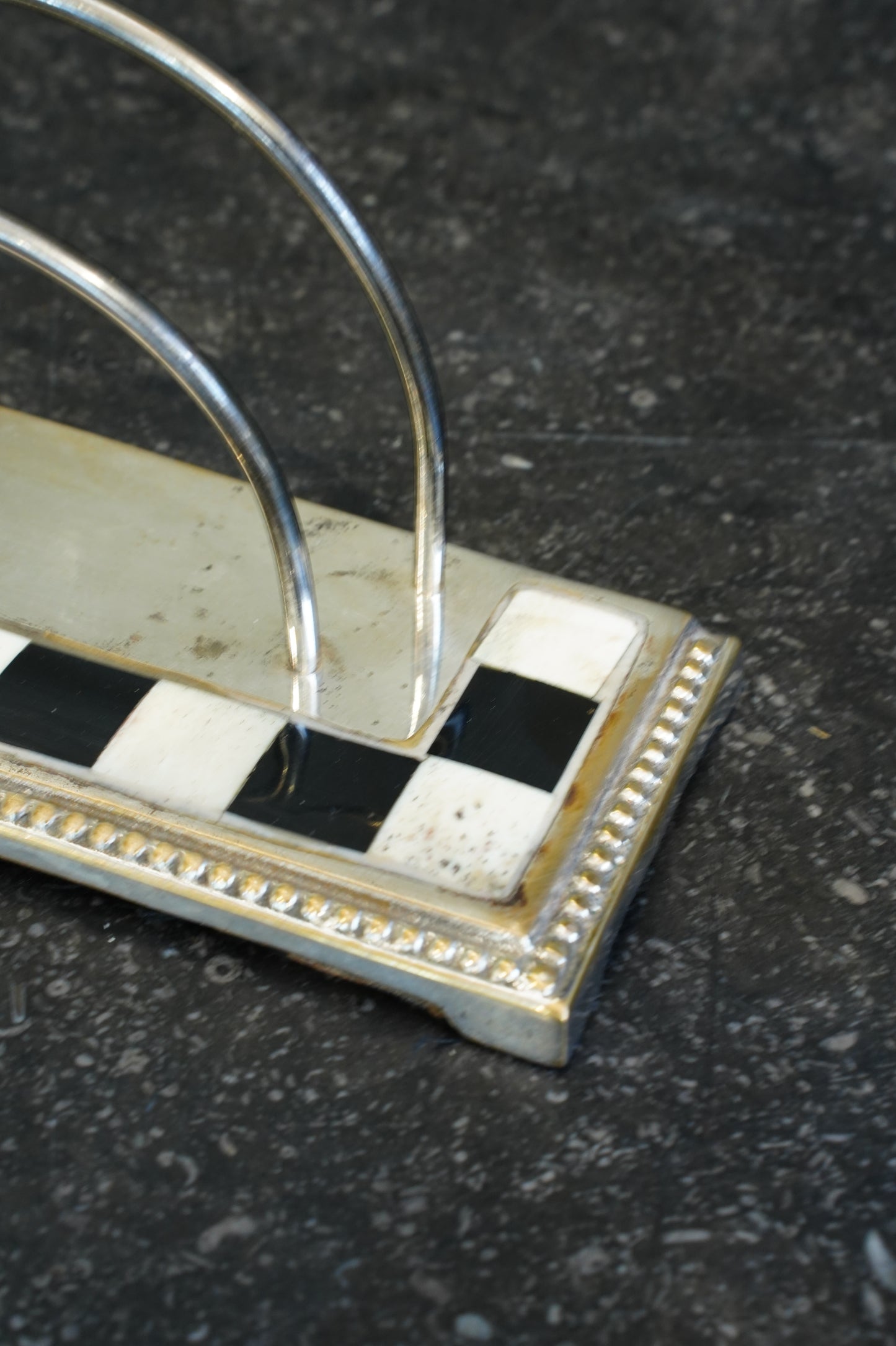 Art Deco Silverplated Letter Rack with Checkerboard Enamel, Circa 1930