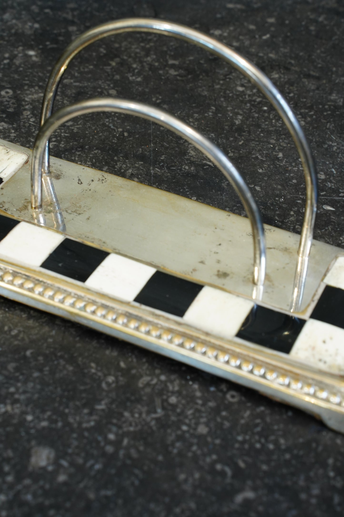 Art Deco Silverplated Letter Rack with Checkerboard Enamel, Circa 1930