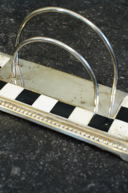 Art Deco Silverplated Letter Rack with Checkerboard Enamel, Circa 1930