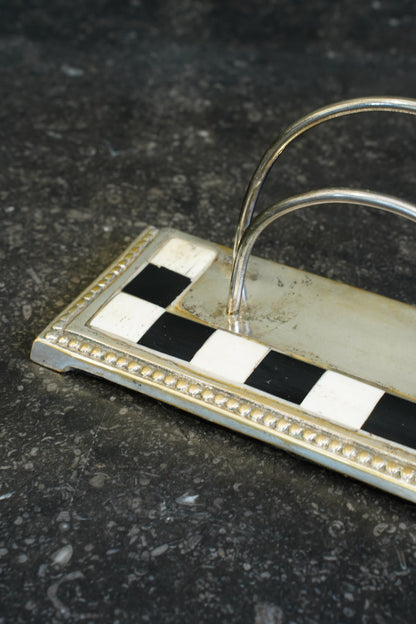 Art Deco Silverplated Letter Rack with Checkerboard Enamel, Circa 1930