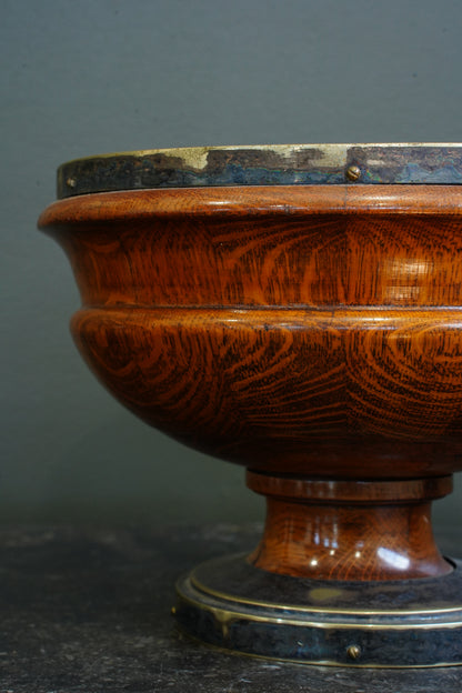 Edwardian English Oak and Brass Pedestal Bowl