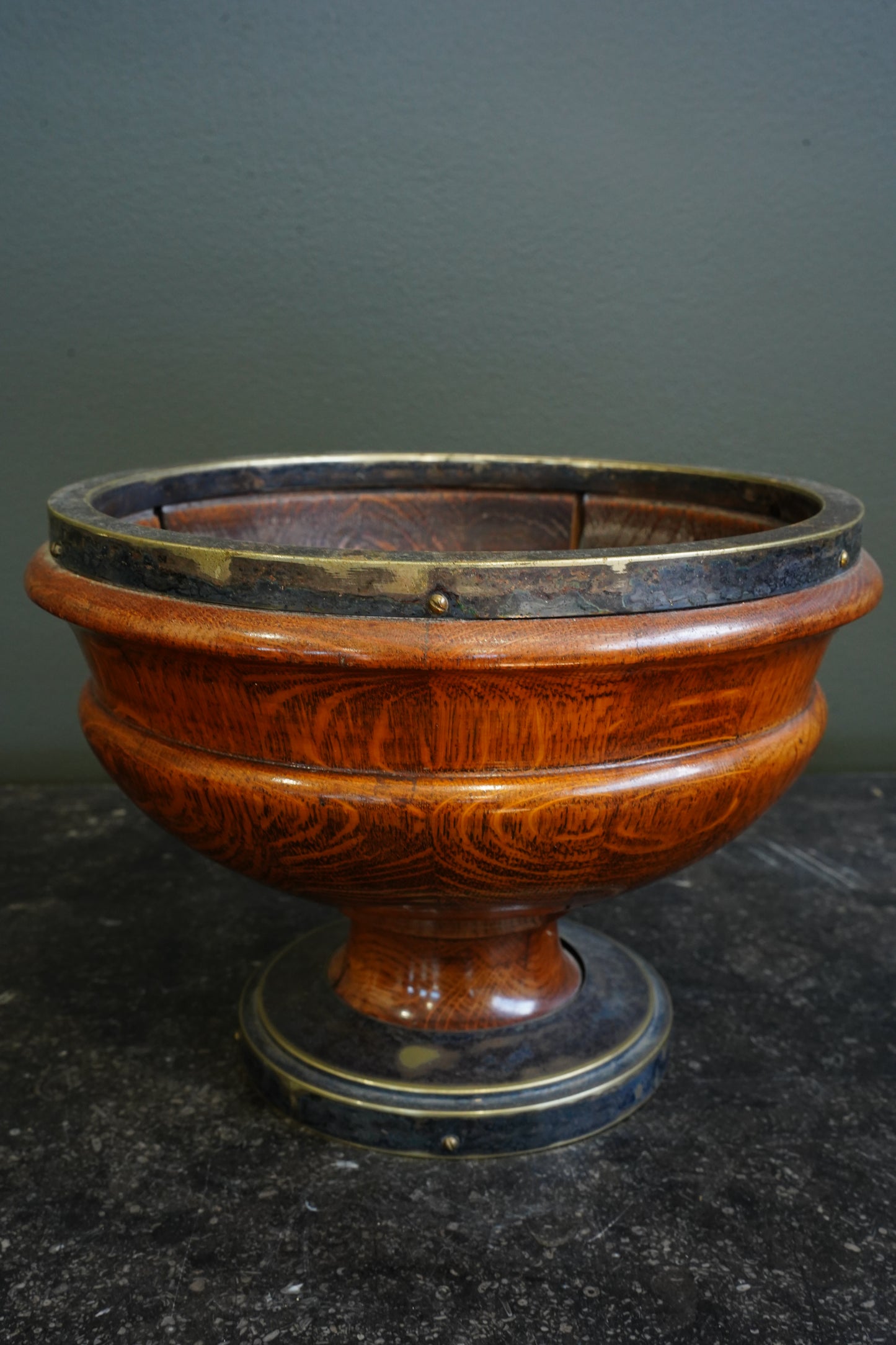 Edwardian English Oak and Brass Pedestal Bowl