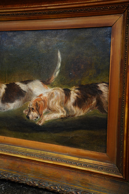 *RESERVED* Antique Victorian Oil Painting, Two Rough-Coated Hounds Scenting