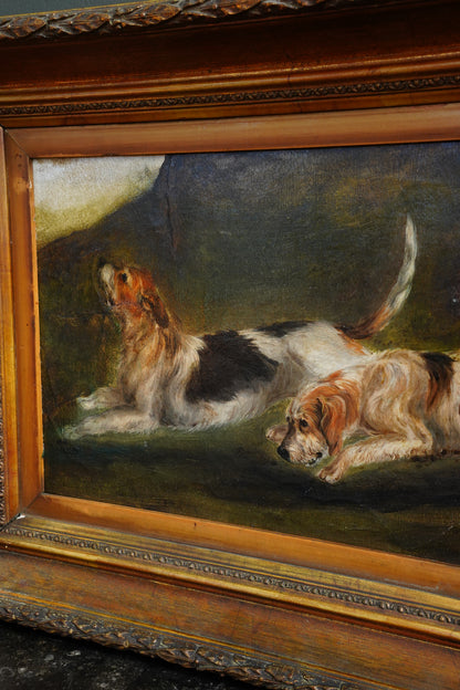 *RESERVED* Antique Victorian Oil Painting, Two Rough-Coated Hounds Scenting