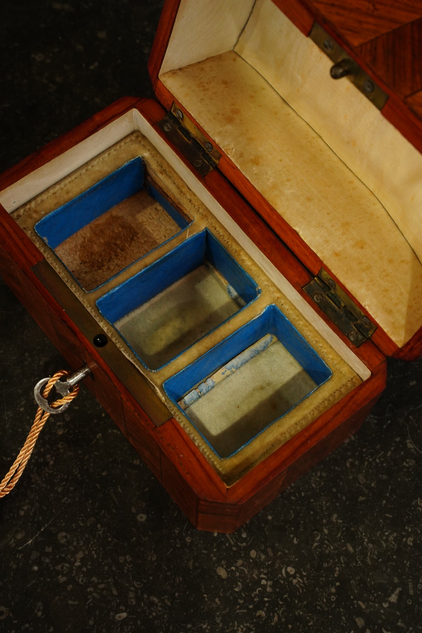 *RESERVED* Antique French Napoleon III Kingwood Parfum Casket with Three Star-Gilt Bottles