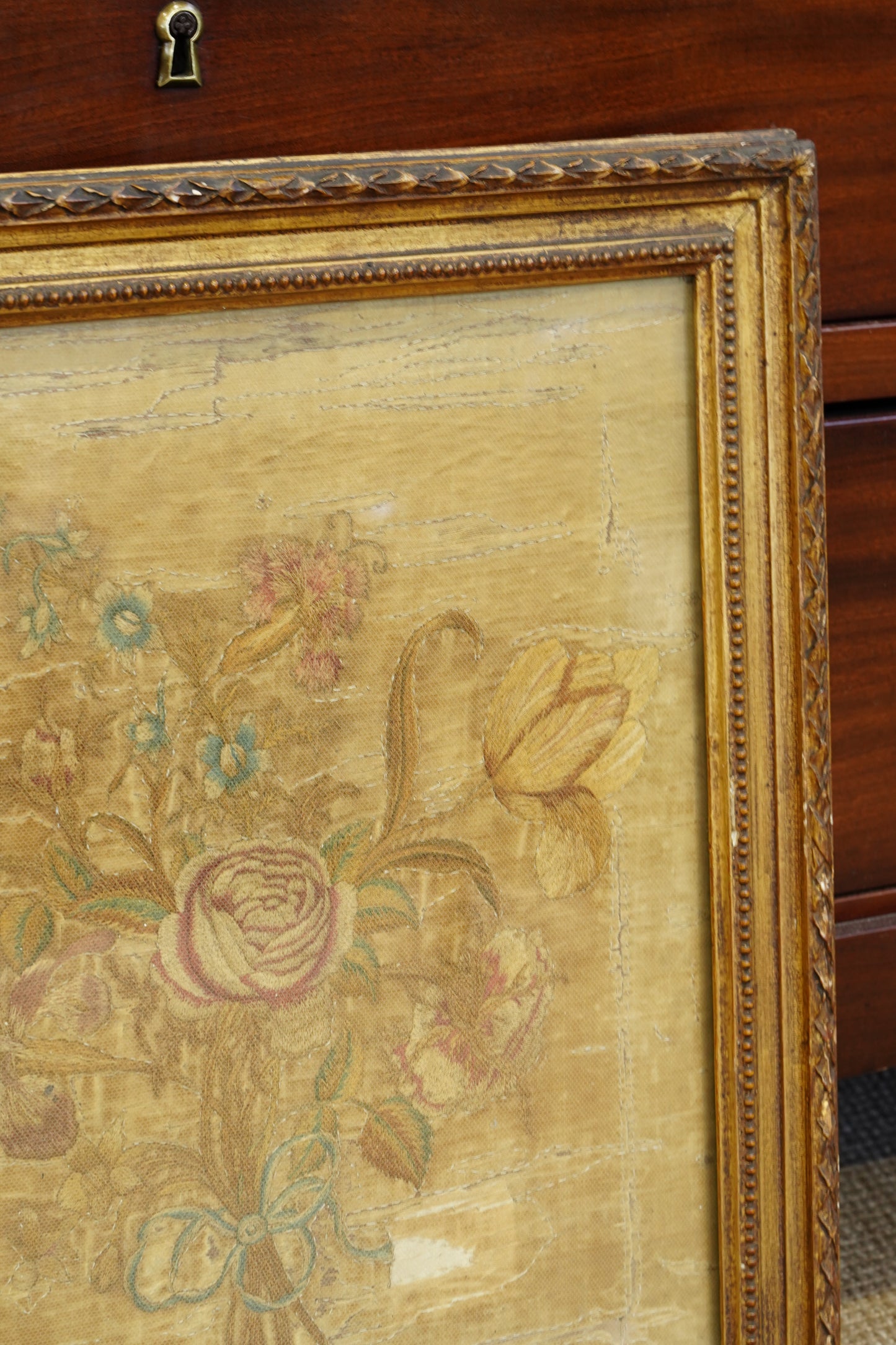 *RESERVED* Antique Georgian Silk Embroidery Floral Bouquet, Named Maker