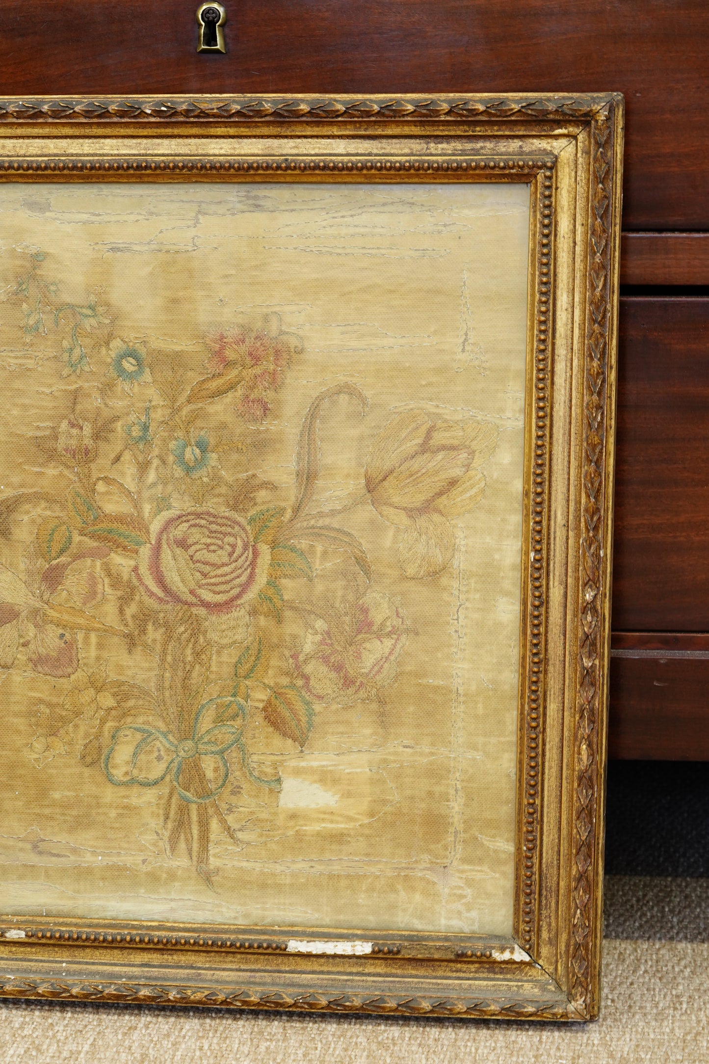 *RESERVED* Antique Georgian Silk Embroidery Floral Bouquet, Named Maker