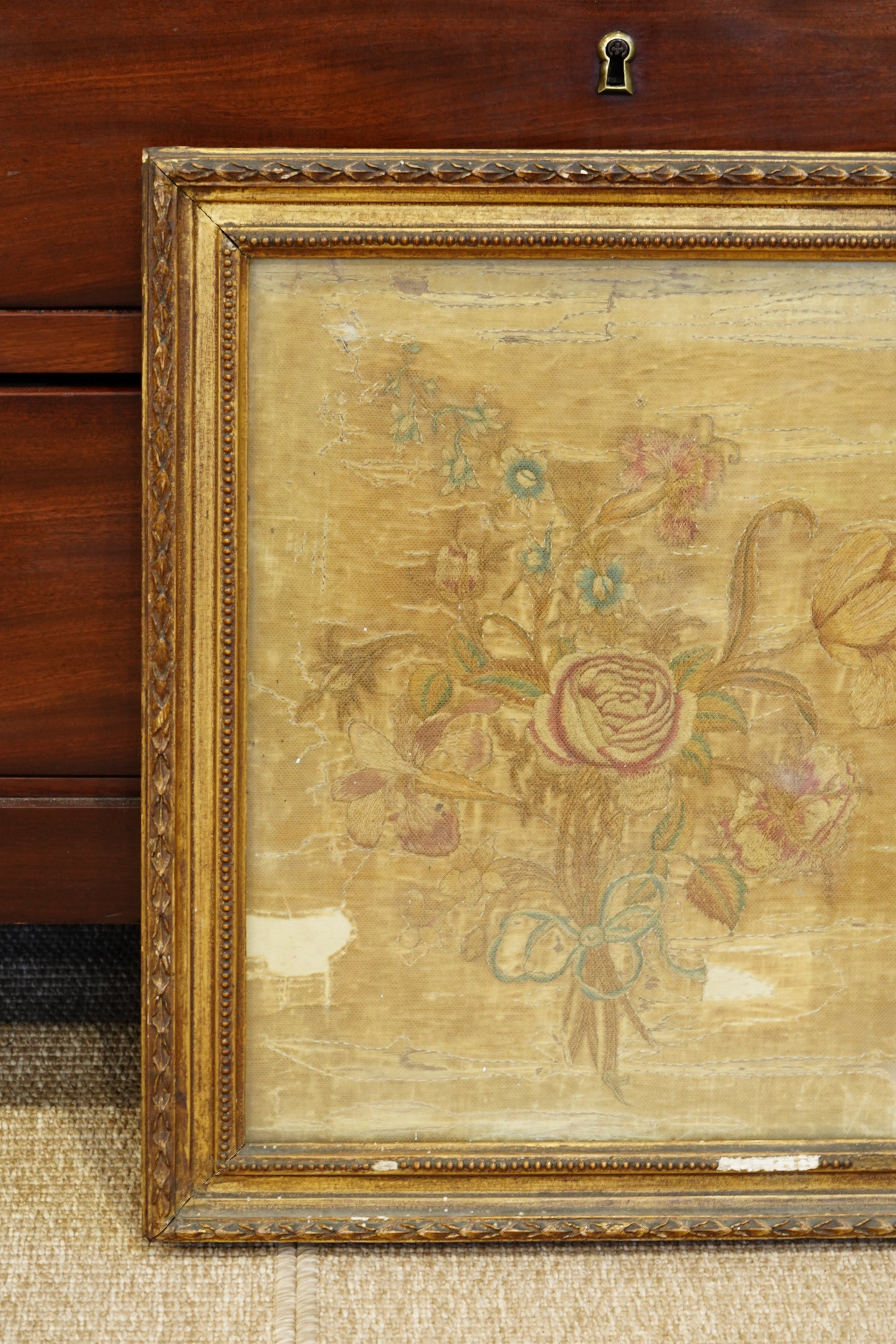 *RESERVED* Antique Georgian Silk Embroidery Floral Bouquet, Named Maker