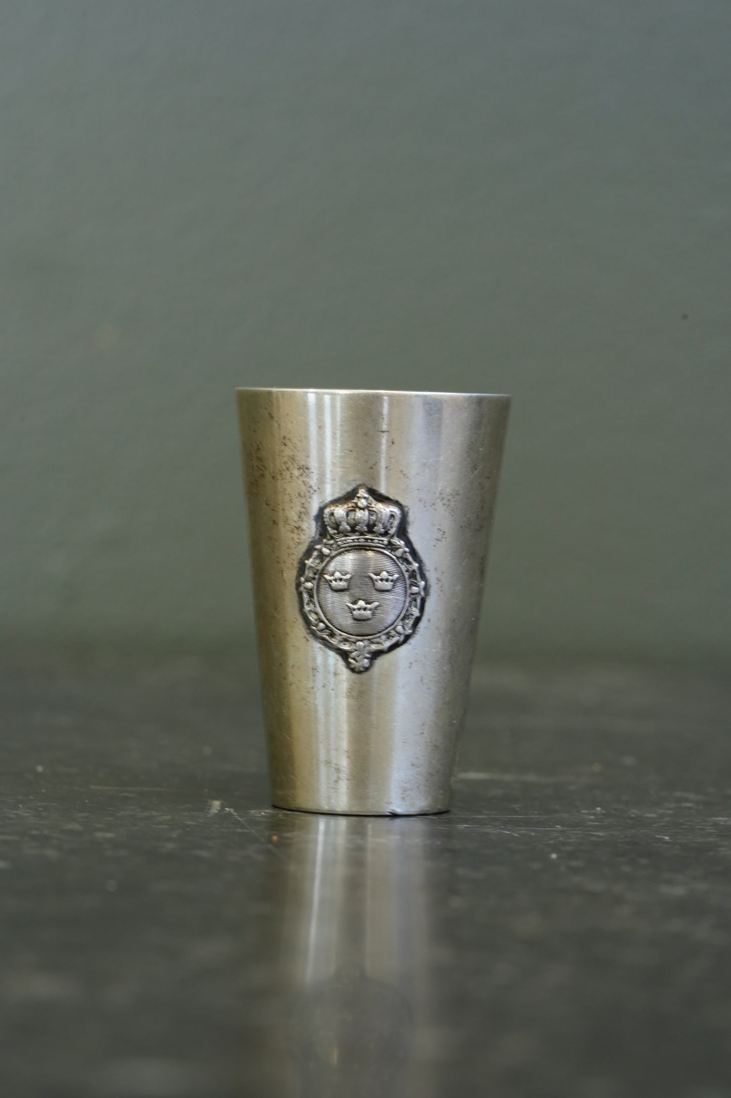 Antique Swedish Miniature Silver Plate Schnapps Cup, Tre Kronor Crest