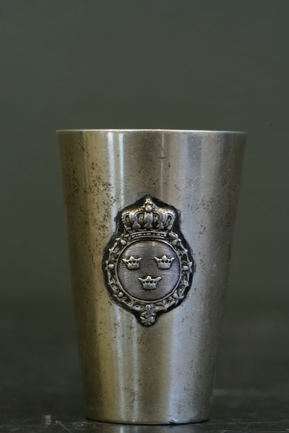 Antique Swedish Miniature Silver Plate Schnapps Cup, Tre Kronor Crest
