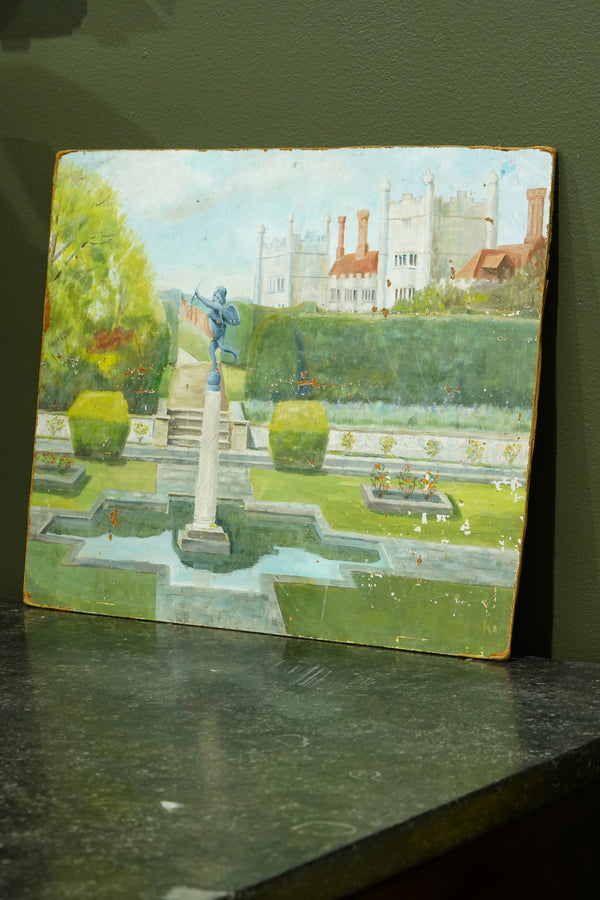 Antique Oil Painting of Formal Garden, Believed Hever Castle Kent secondary view