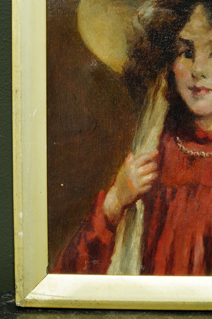 Antique English Portrait Oil Painting, Girl in Straw Hat, Monogrammed E.P.T.