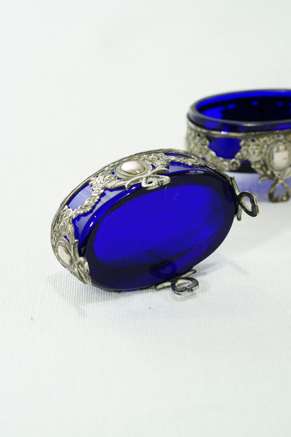 Antique German 800 Silver Salt Cellar Set with Cobalt Glass, Hanau
