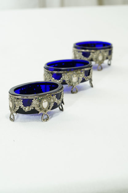 Antique German 800 Silver Salt Cellar Set with Cobalt Glass, Hanau