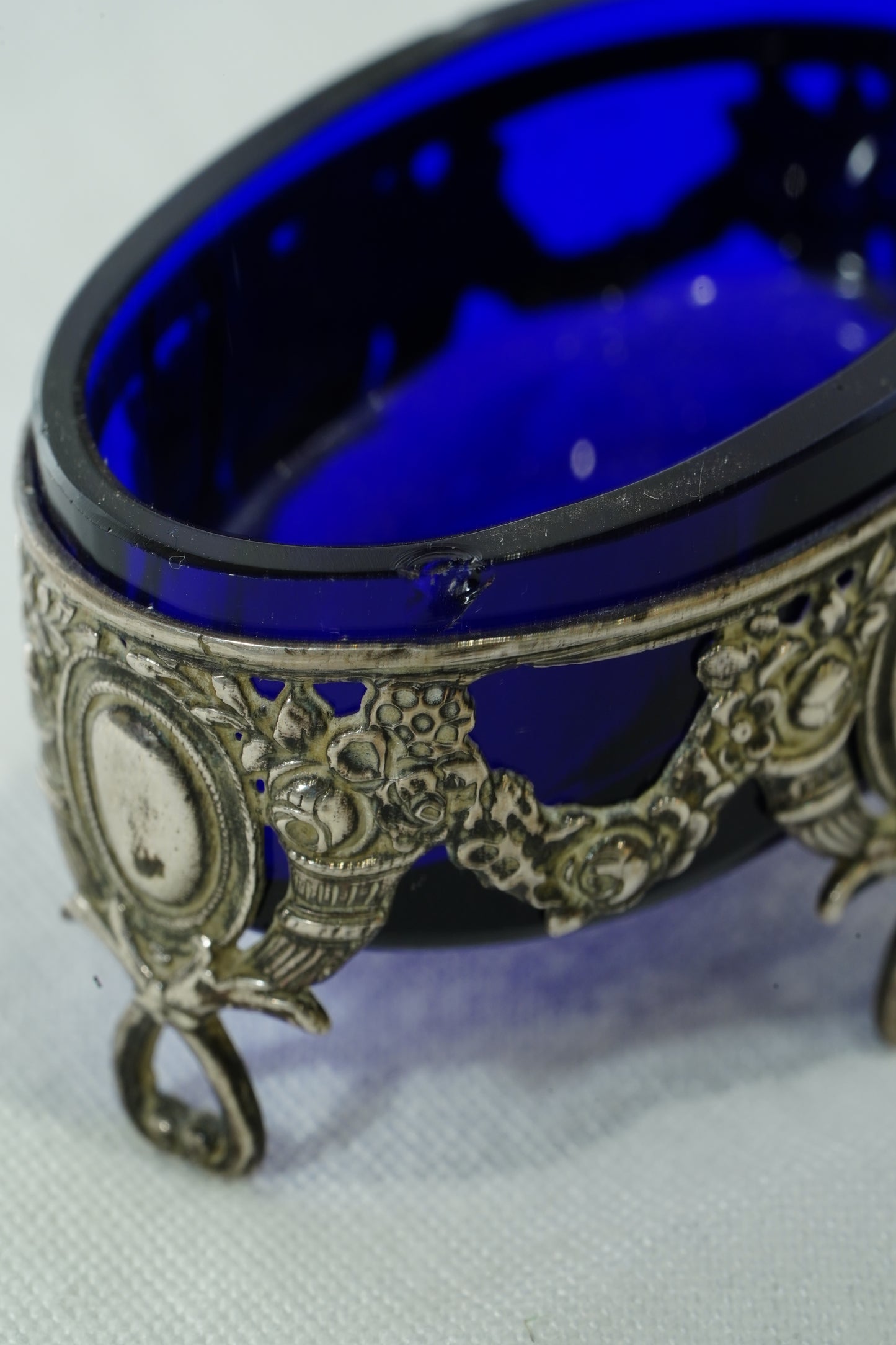 Antique German 800 Silver Salt Cellar Set with Cobalt Glass, Hanau