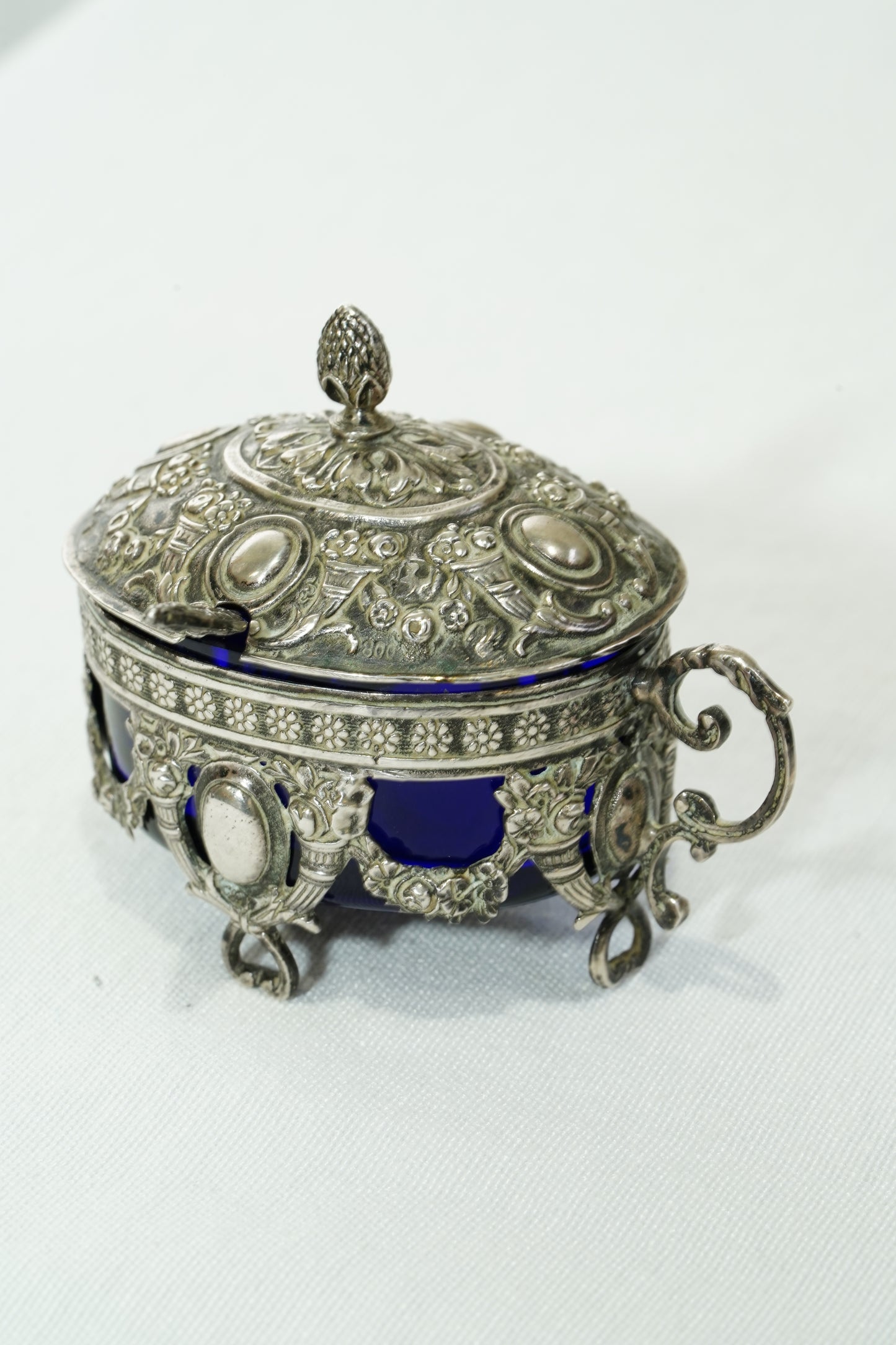 Antique German 800 Silver Salt Cellar Set with Cobalt Glass, Hanau