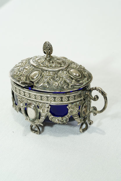 Antique German 800 Silver Salt Cellar Set with Cobalt Glass, Hanau