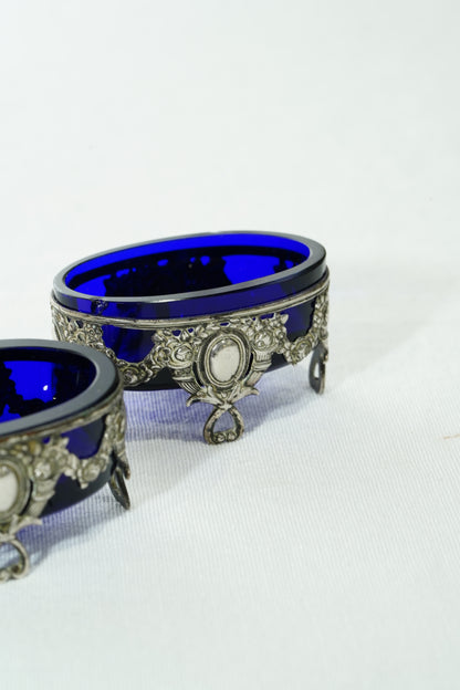 Antique German 800 Silver Salt Cellar Set with Cobalt Glass, Hanau
