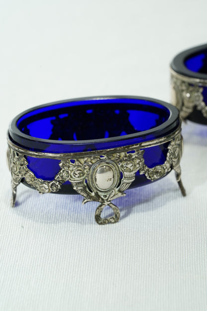 Antique German 800 Silver Salt Cellar Set with Cobalt Glass, Hanau