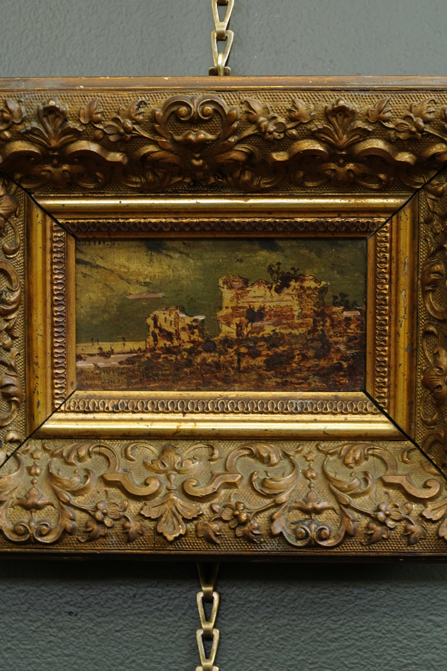 Antique Flemish Oil Panel, Coastal Ruin Landscape with Figures, Signed and Dated 1876