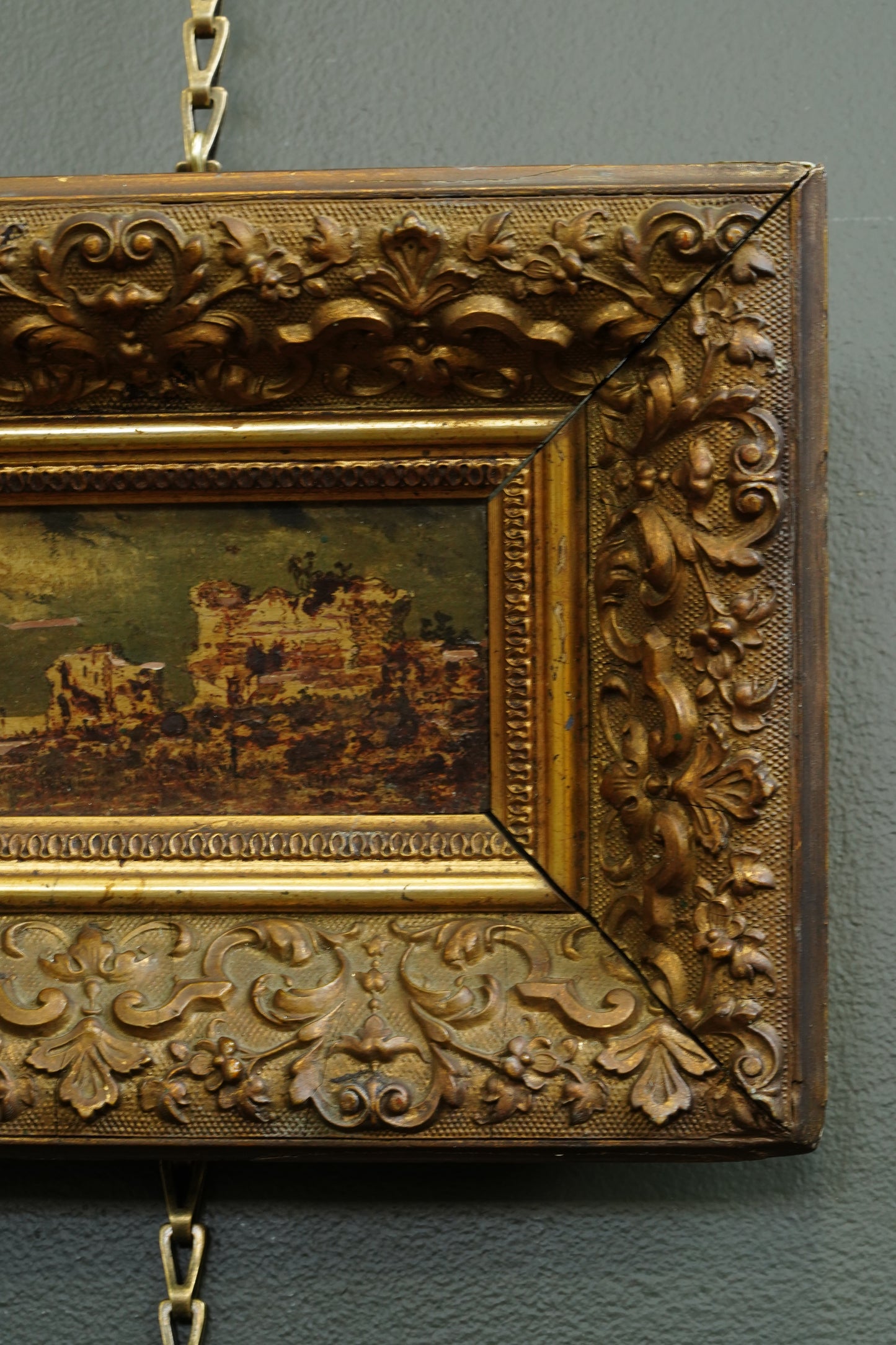 Antique Flemish Oil Panel, Coastal Ruin Landscape with Figures, Signed and Dated 1876