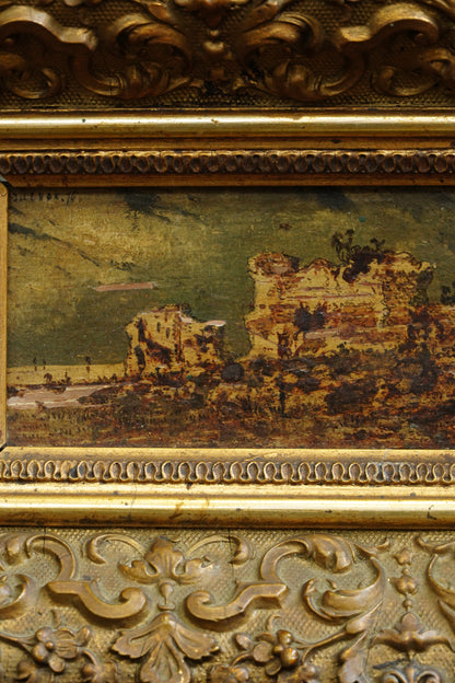 Antique Flemish Oil Panel, Coastal Ruin Landscape with Figures, Signed and Dated 1876