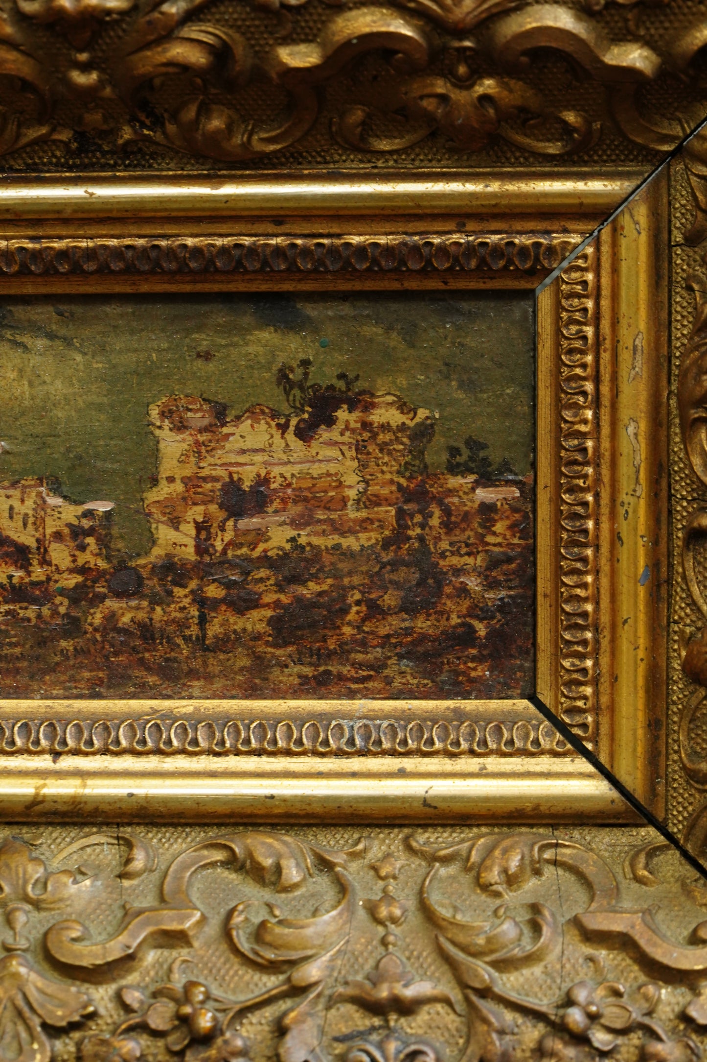 Antique Flemish Oil Panel, Coastal Ruin Landscape with Figures, Signed and Dated 1876
