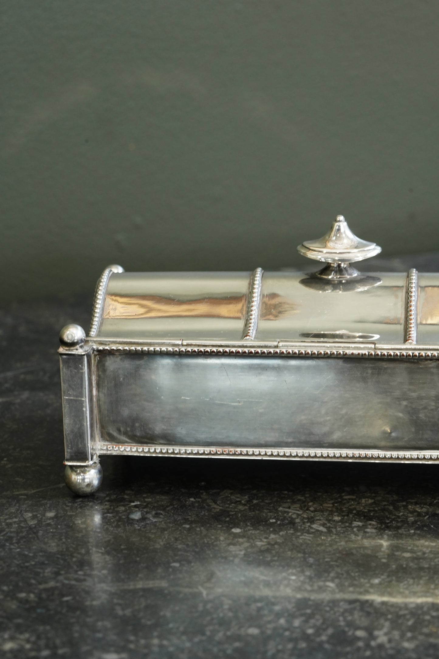 Antique Victorian Silverplate Casket Inkstand with Two Glass Wells