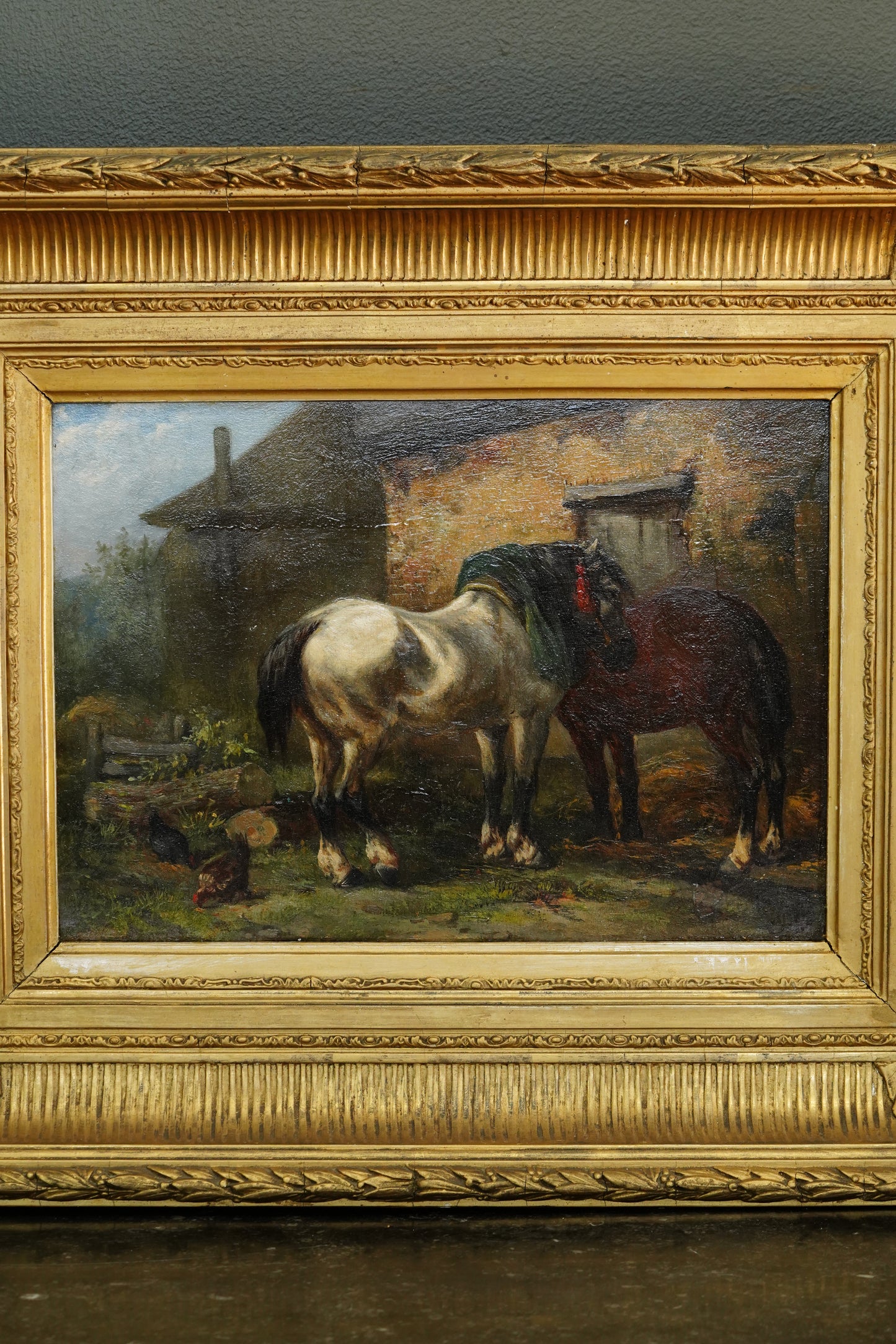 Antique Signed Oil on Board of Two Horses in a Stable Yard
