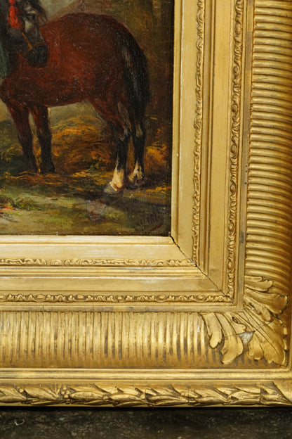 Antique Signed Oil on Board of Two Horses in a Stable Yard
