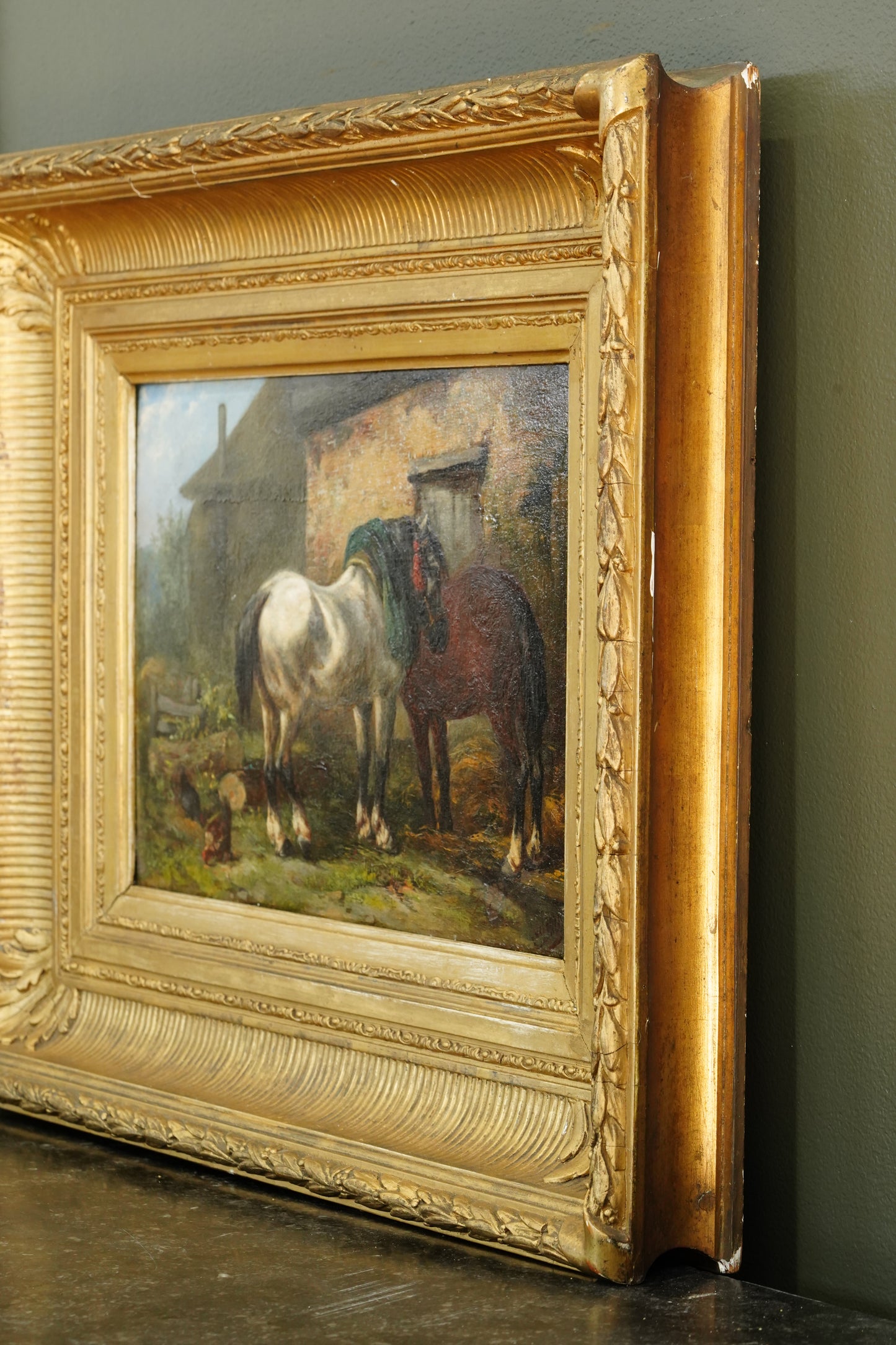 Antique Signed Oil on Board of Two Horses in a Stable Yard