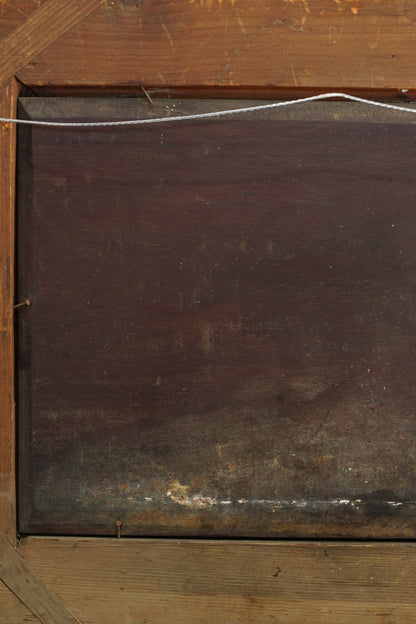 Antique Signed Oil on Board of Two Horses in a Stable Yard