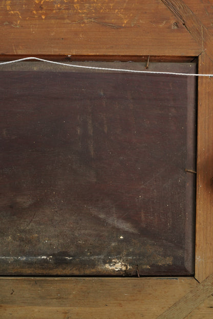 Antique Signed Oil on Board of Two Horses in a Stable Yard