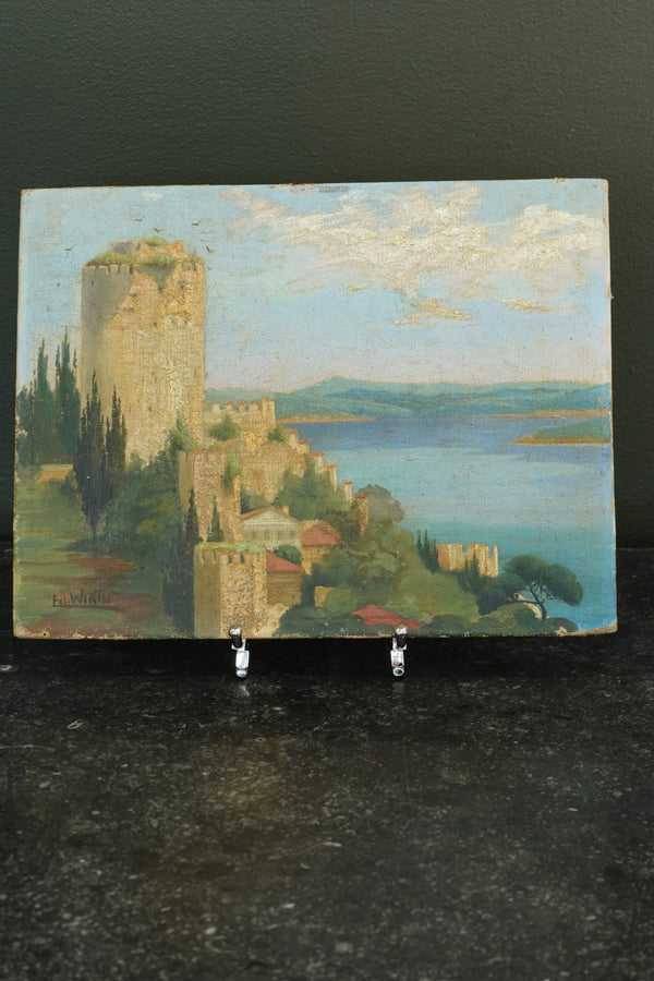 Vintage Castle Oil Painting, Rumelihisarı on the Bosphorus, Signed and Dated 1933 secondary view
