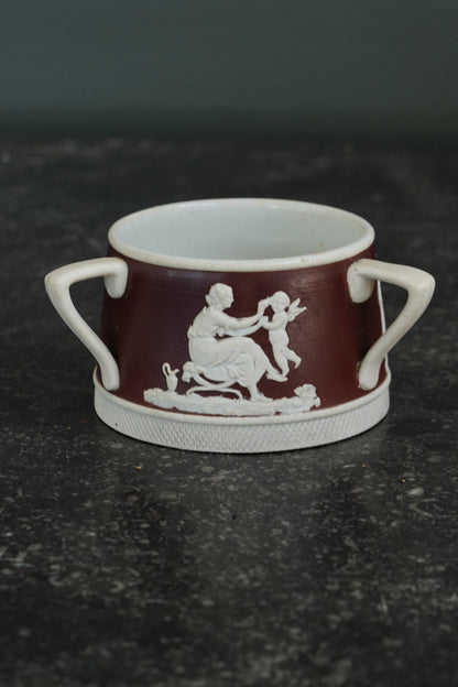 Antique English Jasperware Sucrier, Chocolate Dip, Neoclassical Relief