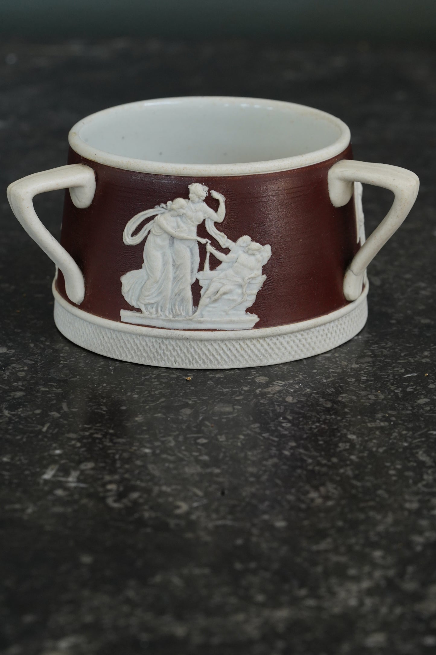 Antique English Jasperware Sucrier, Chocolate Dip, Neoclassical Relief