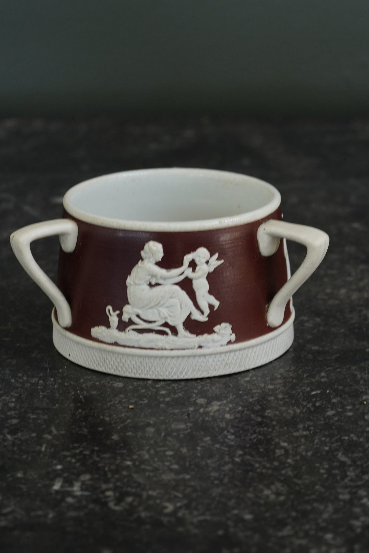 Antique English Jasperware Sucrier, Chocolate Dip, Neoclassical Relief