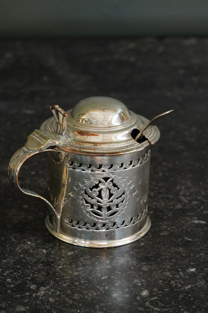 Antique English Silverplate Mustard Pot with Sterling Spoon, N. Smith & Co