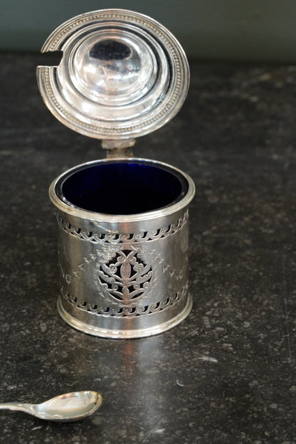 Antique English Silverplate Mustard Pot with Sterling Spoon, N. Smith & Co