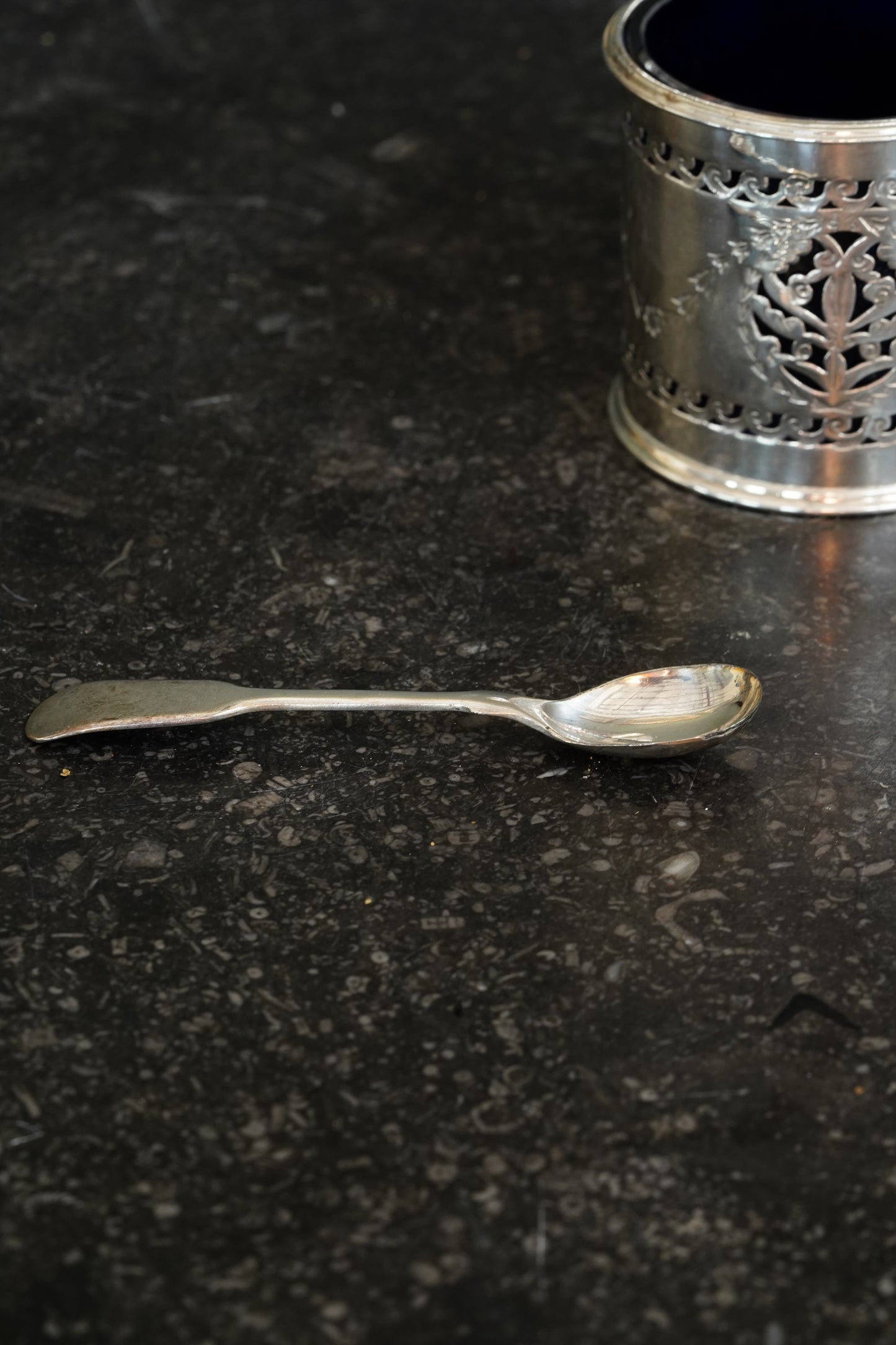 Antique English Silverplate Mustard Pot with Sterling Spoon, N. Smith & Co