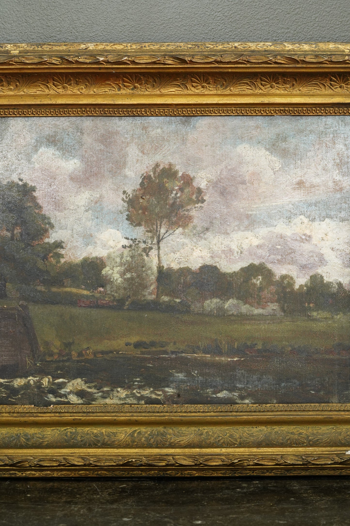 Antique British Oil Painting, River Landscape in the Manner of Constable