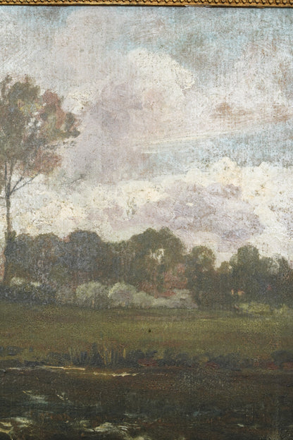 Antique British Oil Painting, River Landscape in the Manner of Constable